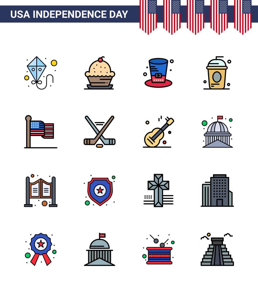 Editable Vector Line Pack of USA Day 16 Simple Flat Filled Lines of american holiday day drink cake Editable USA Day Vector Design Elements