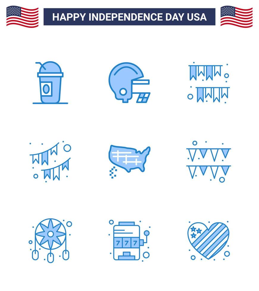 Big Pack of 9 USA Happy Independence Day USA Vector Blues and Editable Symbols of map party garland decoration american Editable USA Day Vector Design Elements