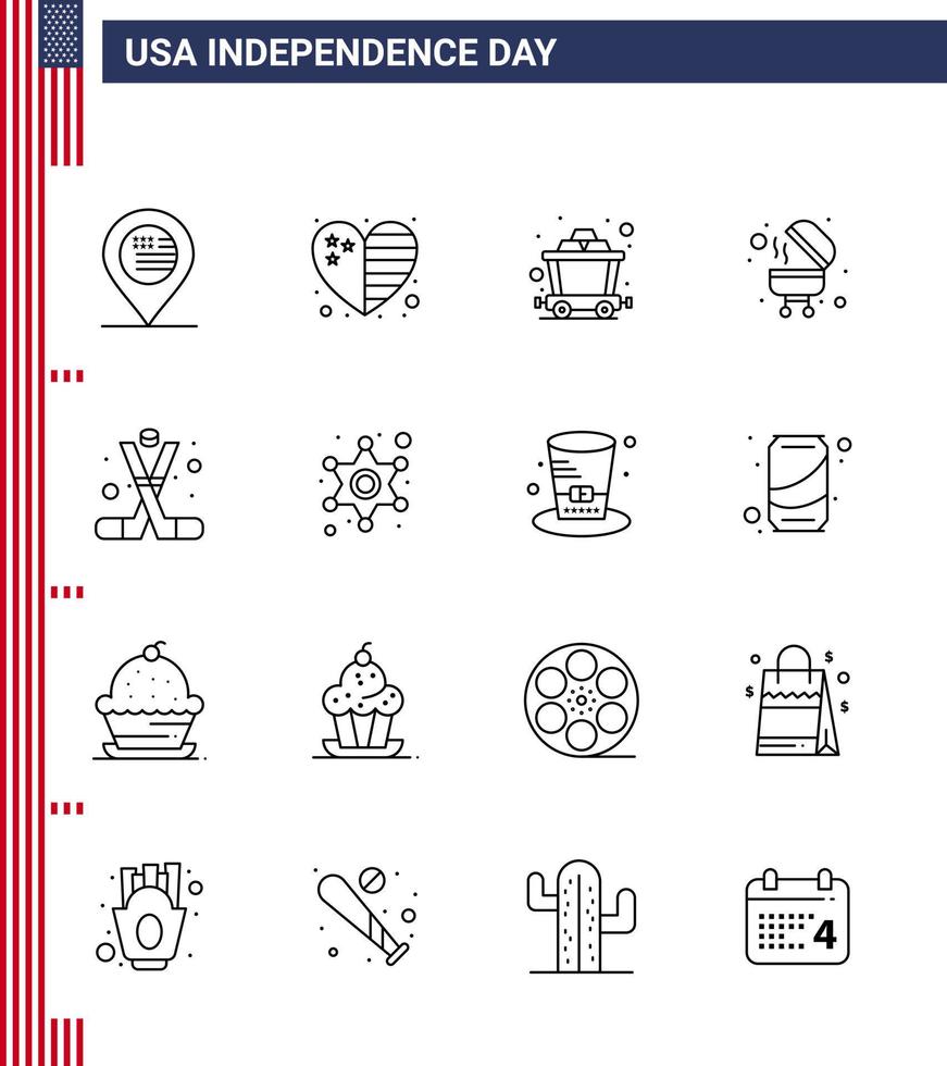 Pack of 16 USA Independence Day Celebration Lines Signs and 4th July Symbols such as american ice hockey cart hockey bbq Editable USA Day Vector Design Elements