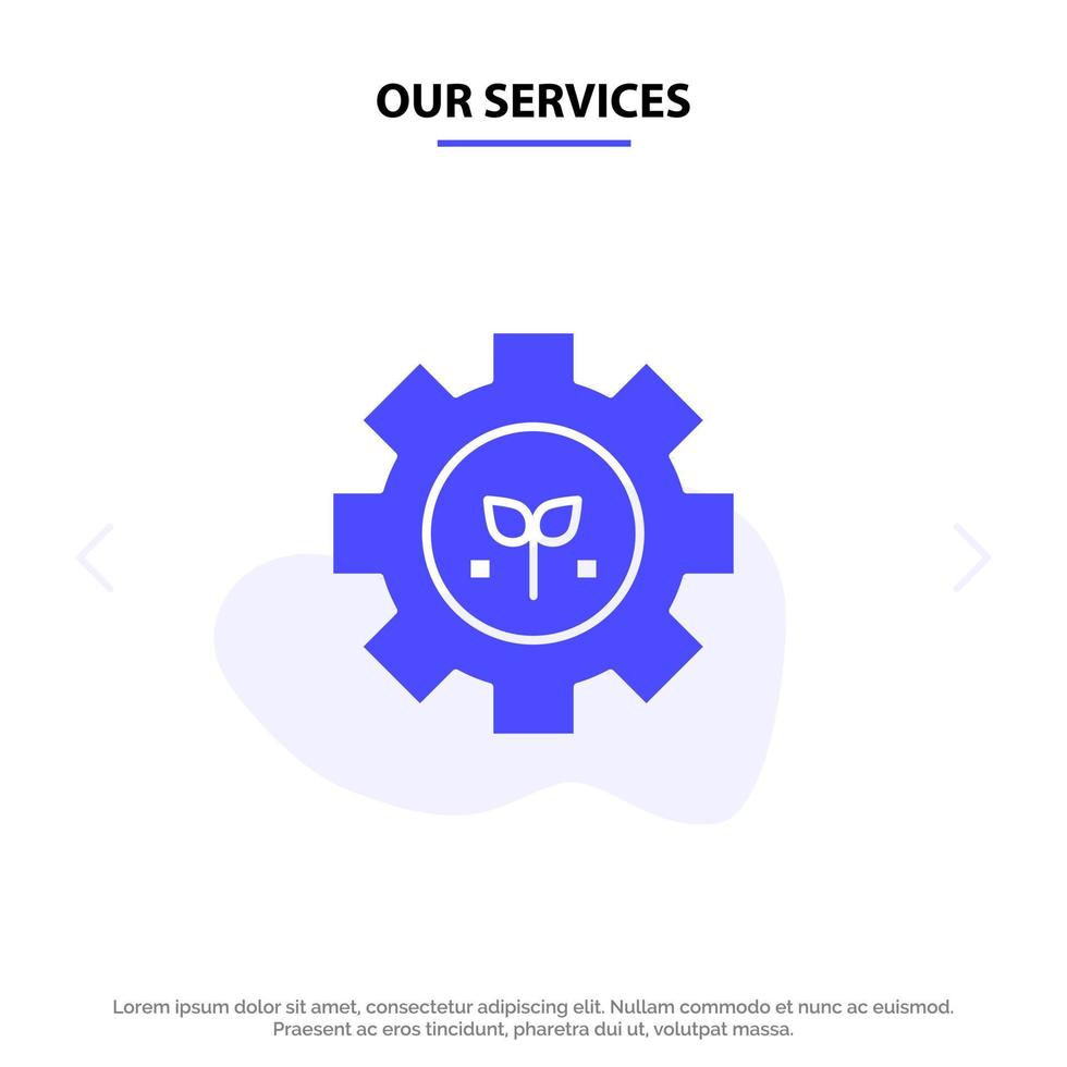 Our Services Environment Plant Gear Setting Solid Glyph Icon Web card Template vector