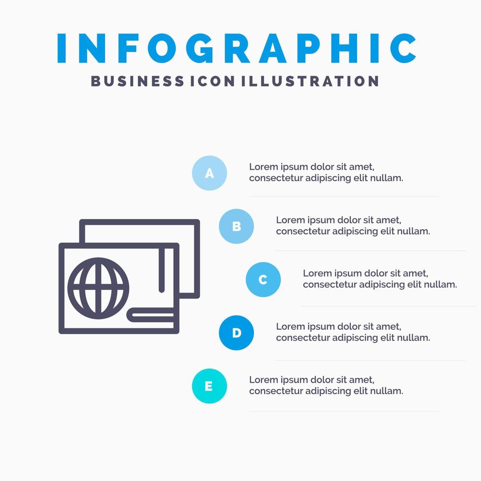 pase de identidad pasaporte compras plantilla de infografía azul plantilla de icono de línea de vector de 5 pasos