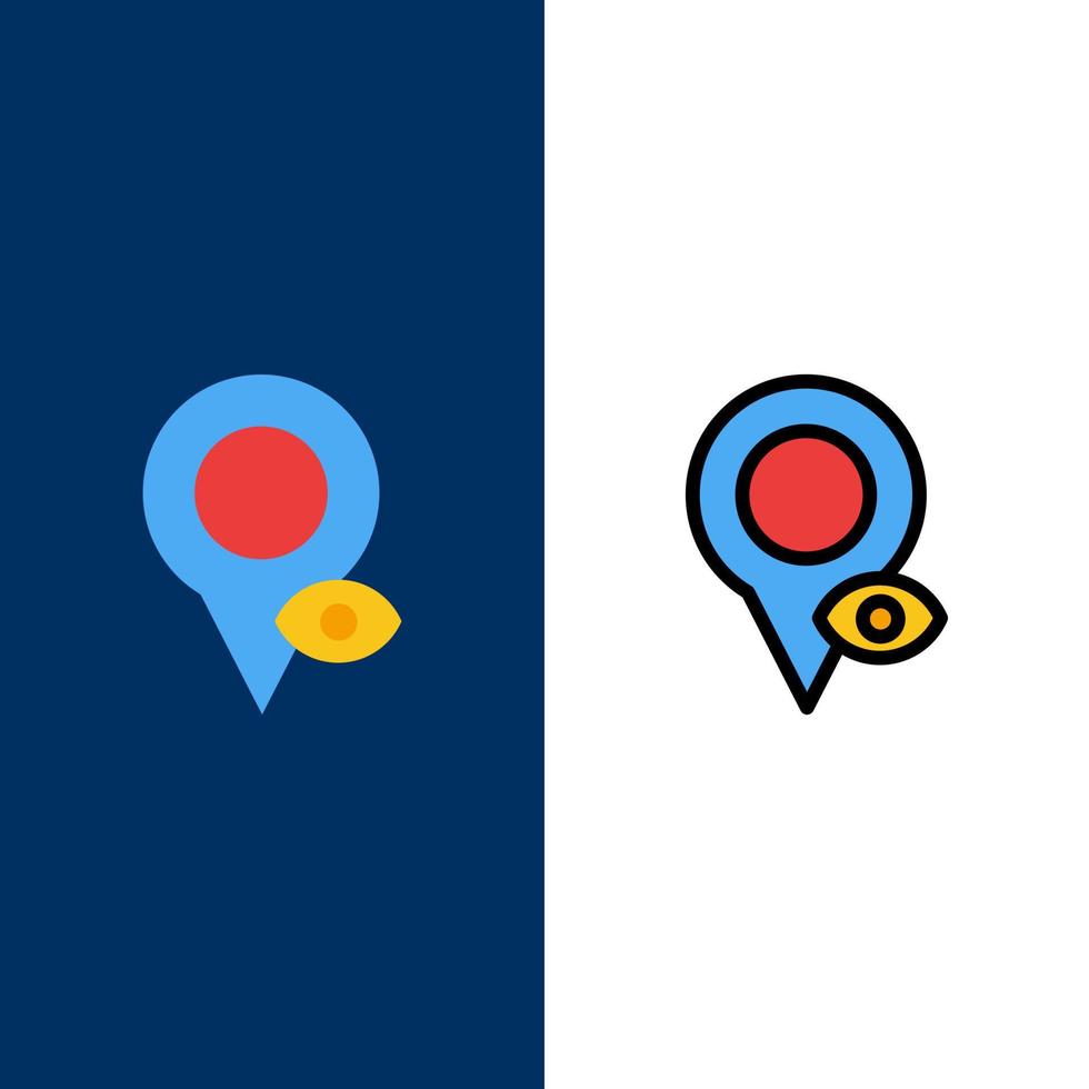 iconos de puntero de mapa de ubicación de ojo plano y conjunto de iconos llenos de línea vector fondo azul