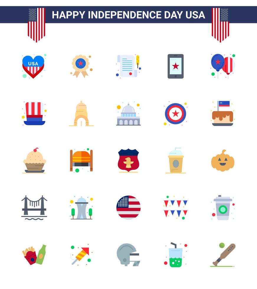 Happy Independence Day 4th July Set of 25 Flats American Pictograph of day balloons paper ireland phone Editable USA Day Vector Design Elements