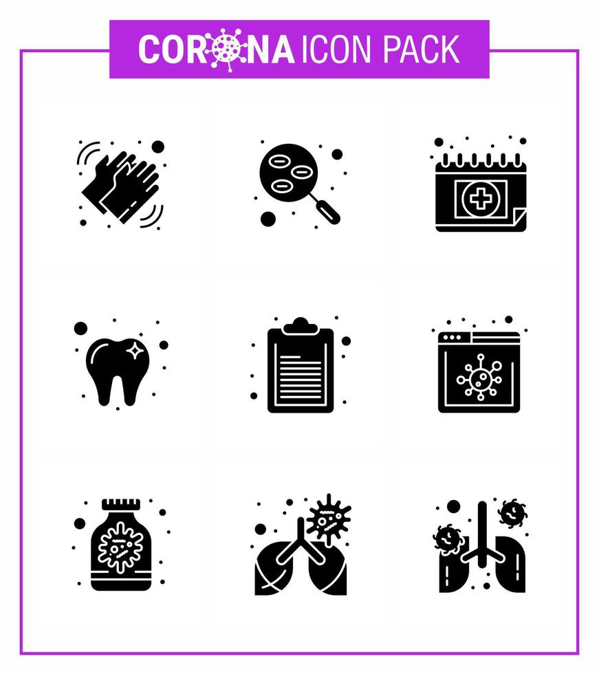 9 Solid Glyph Black Coronavirus disease and prevention vector icon check list dental sample care medical viral coronavirus 2019nov disease Vector Design Elements