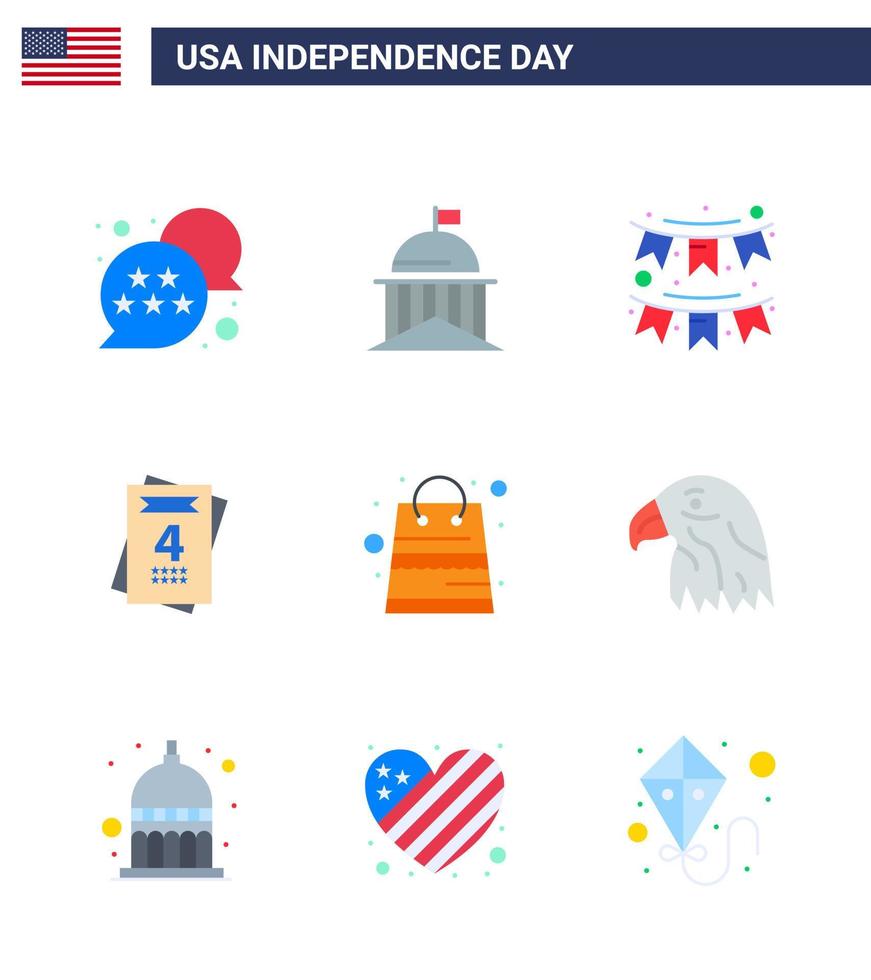 Big Pack of 9 USA Happy Independence Day USA Vector Flats and Editable Symbols of bag love irish invitation party Editable USA Day Vector Design Elements