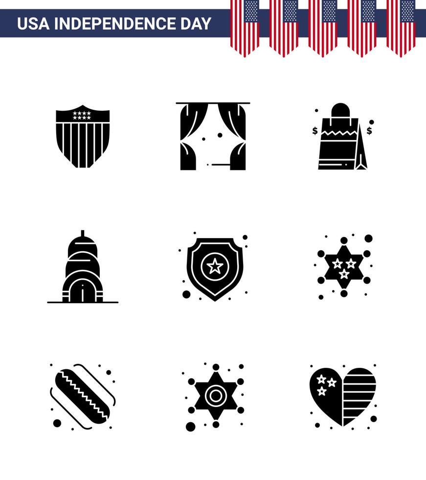 Pack of 9 creative USA Independence Day related Solid Glyphs of star shield bag usa chrysler Editable USA Day Vector Design Elements