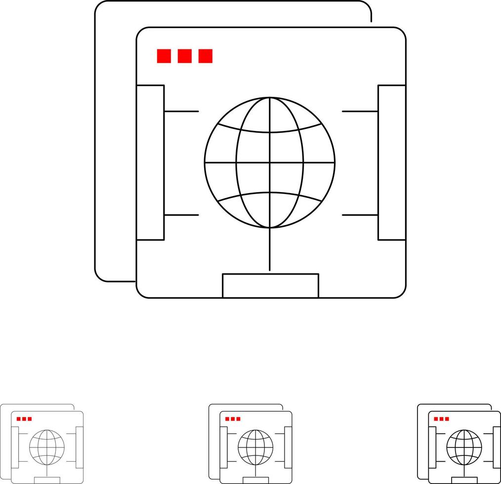 brower internet web globo audaz y delgada línea negra conjunto de iconos vector