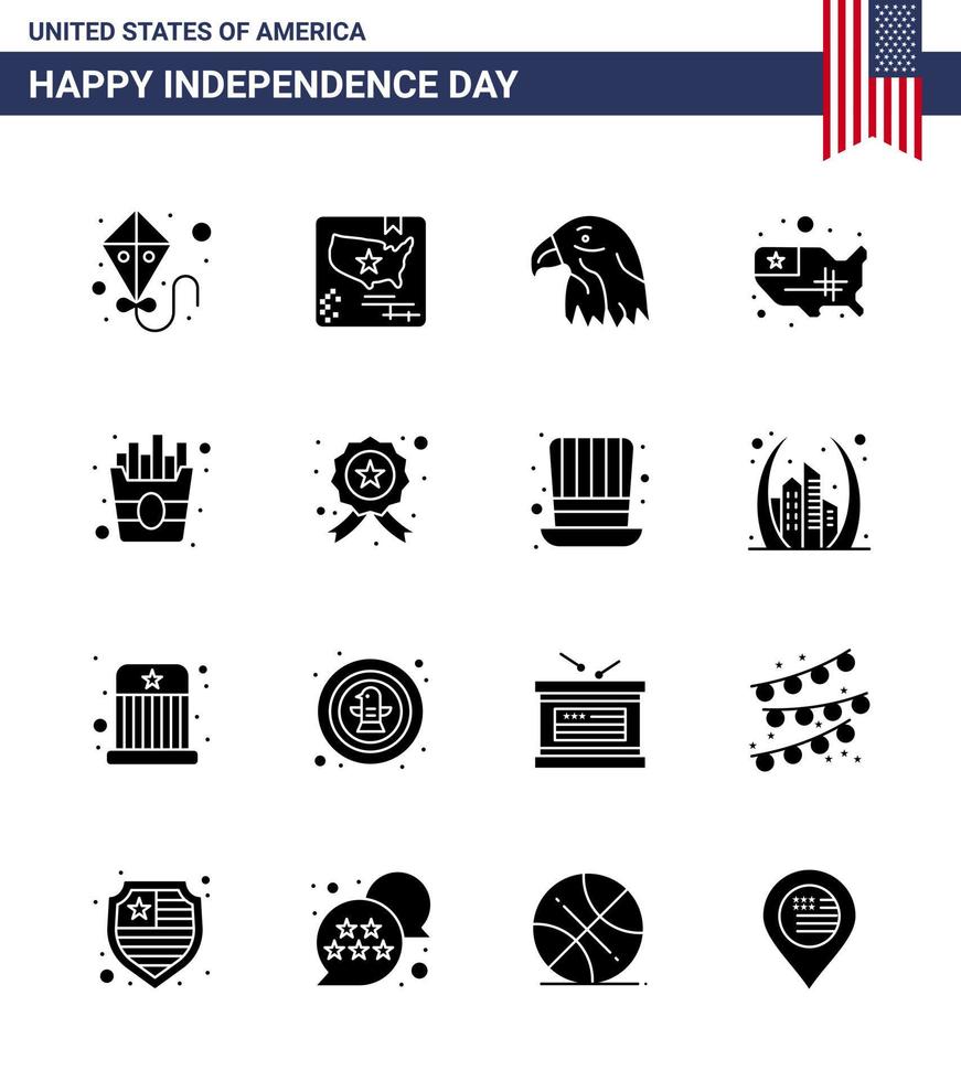 conjunto de glifos sólidos del día de la independencia de estados unidos de 16 pictogramas de estados unidos de papas fritas pájaro rápido estados unidos elementos de diseño vectorial editables del día de estados unidos vector