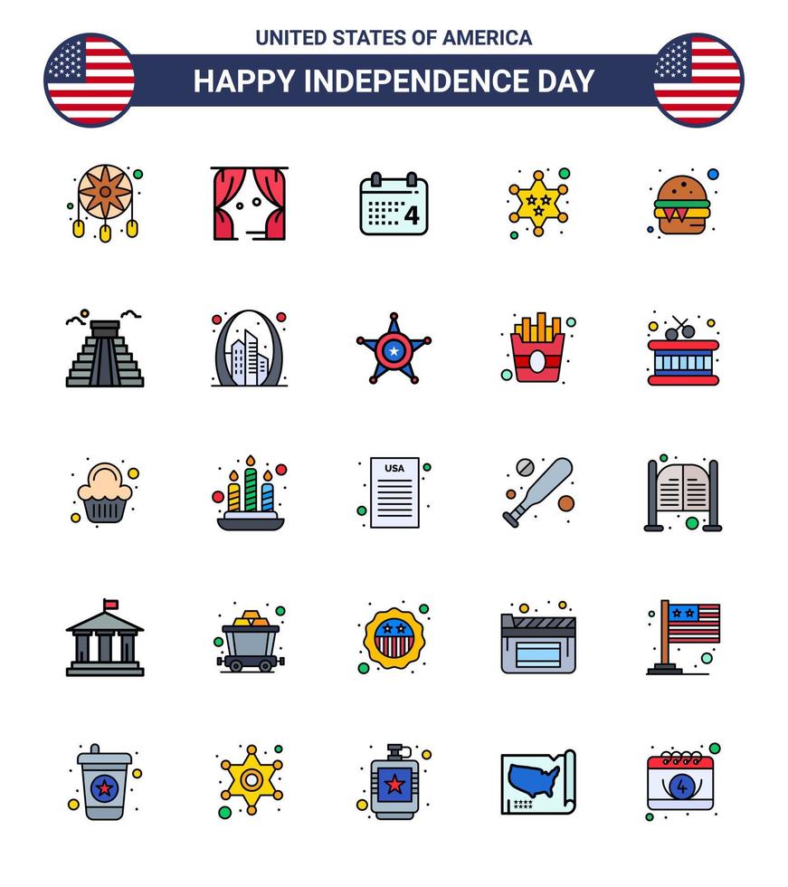 Set of 25 USA Day Icons American Symbols Independence Day Signs for fast star calender police badge Editable USA Day Vector Design Elements