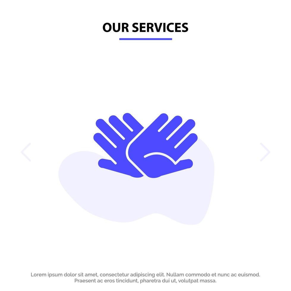 nuestros servicios caridad manos ayuda relaciones de ayuda icono de glifo sólido plantilla de tarjeta web vector