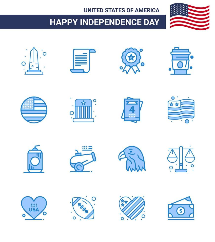 USA Happy Independence DayPictogram Set of 16 Simple Blues of american juice usa drink medal Editable USA Day Vector Design Elements