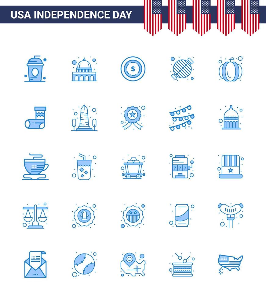 paquete de 25 signos de blues de celebración del día de la independencia de estados unidos y símbolos del 4 de julio como parrilla americana wisconsin bbq comida elementos de diseño de vector de día de estados unidos editables