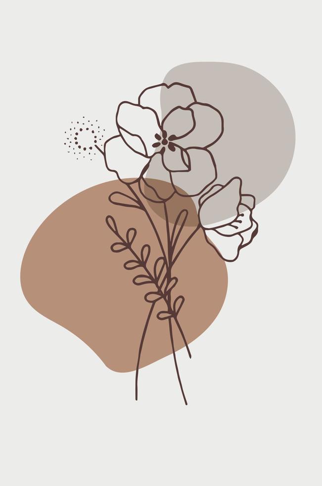 Earth tone boho foliage line art drawing with abstract shape. Abstract