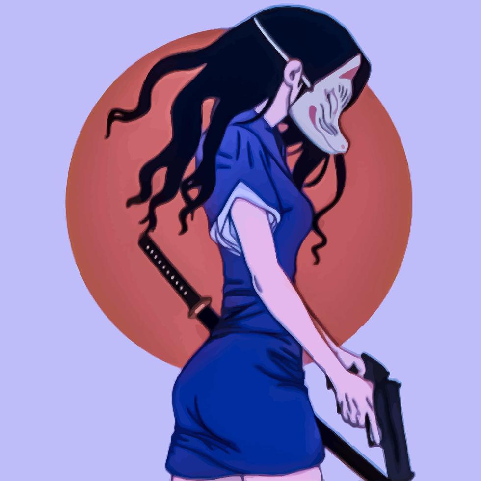 chica de anime elegante con una máscara, un vestido azul y un arma vector