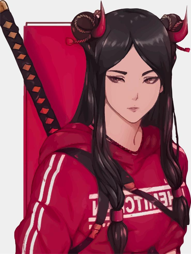 chica de anime con estilo en una sudadera con capucha roja y con una katana en la espalda vector