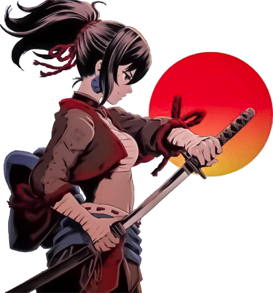 Anime girl warrior with a sword in his hands against the backdrop of the sunset vector