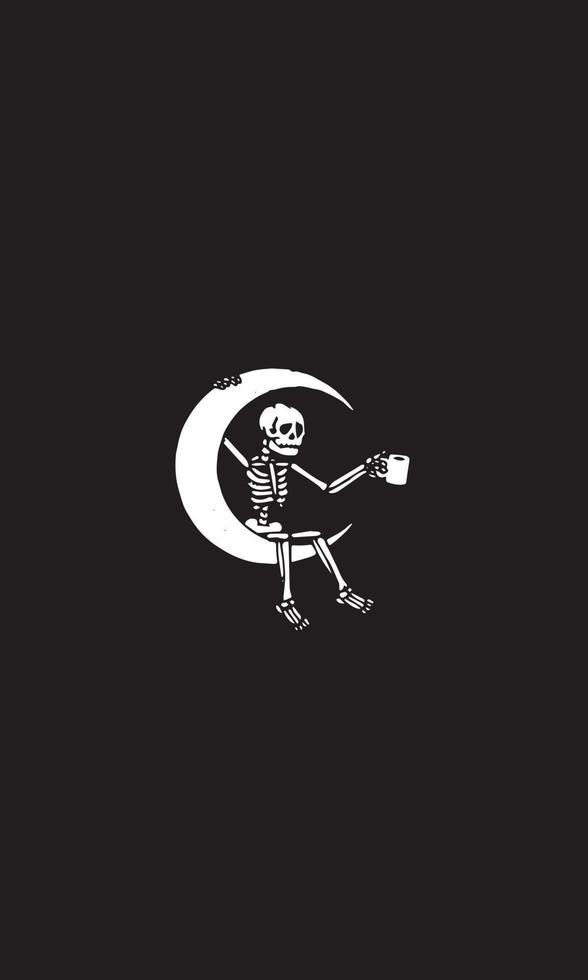 Sad skeleton, drinks a drink while sitting for a month. Abstract black and white illustration. vector