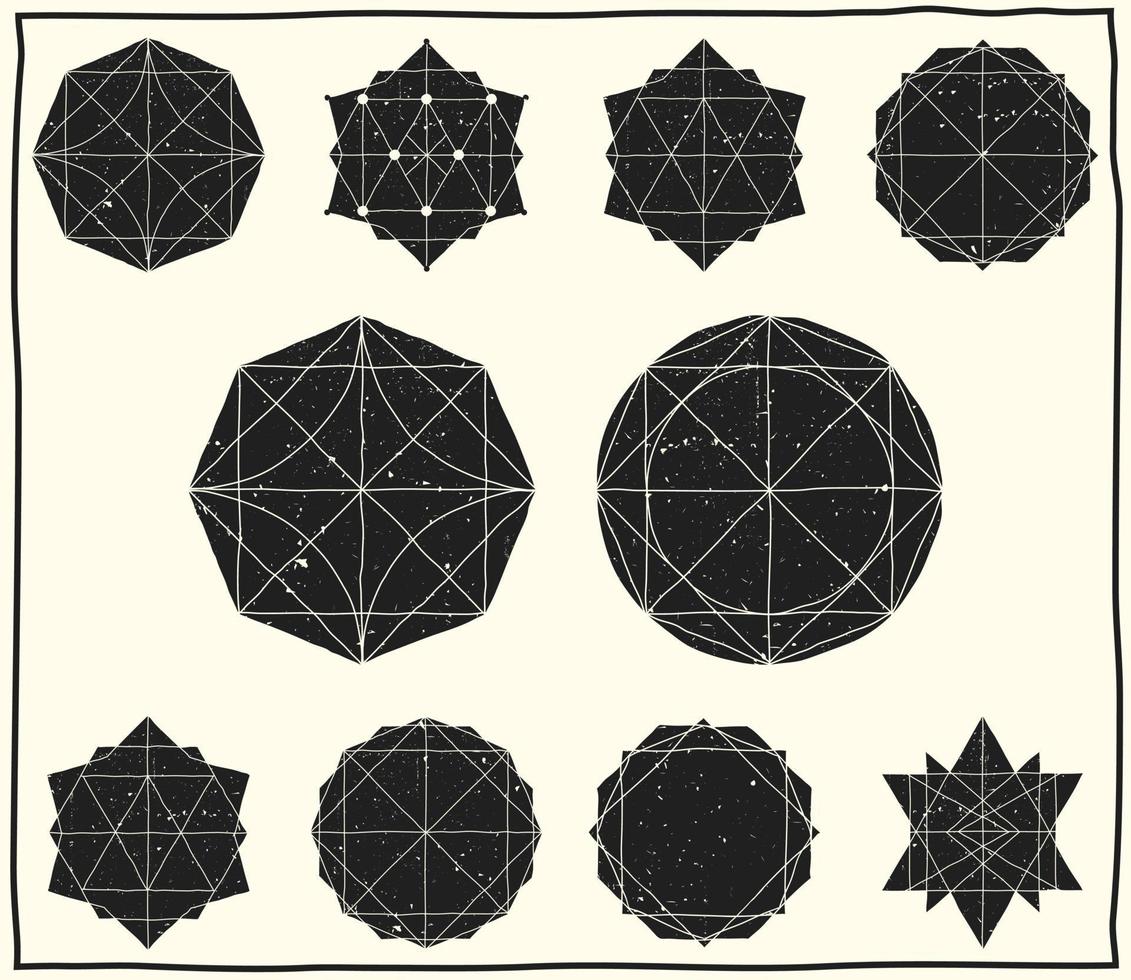 Set with filled black geometric shapes and elements with frame, lines, polyhedrons, triangles vector