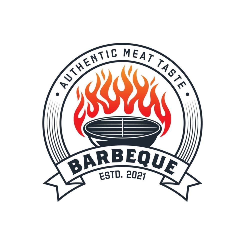 logotipo de barbacoa a la parrilla vintage, vector de barbacoa retro, icono de restaurante y comida a la parrilla, icono de fuego rojo