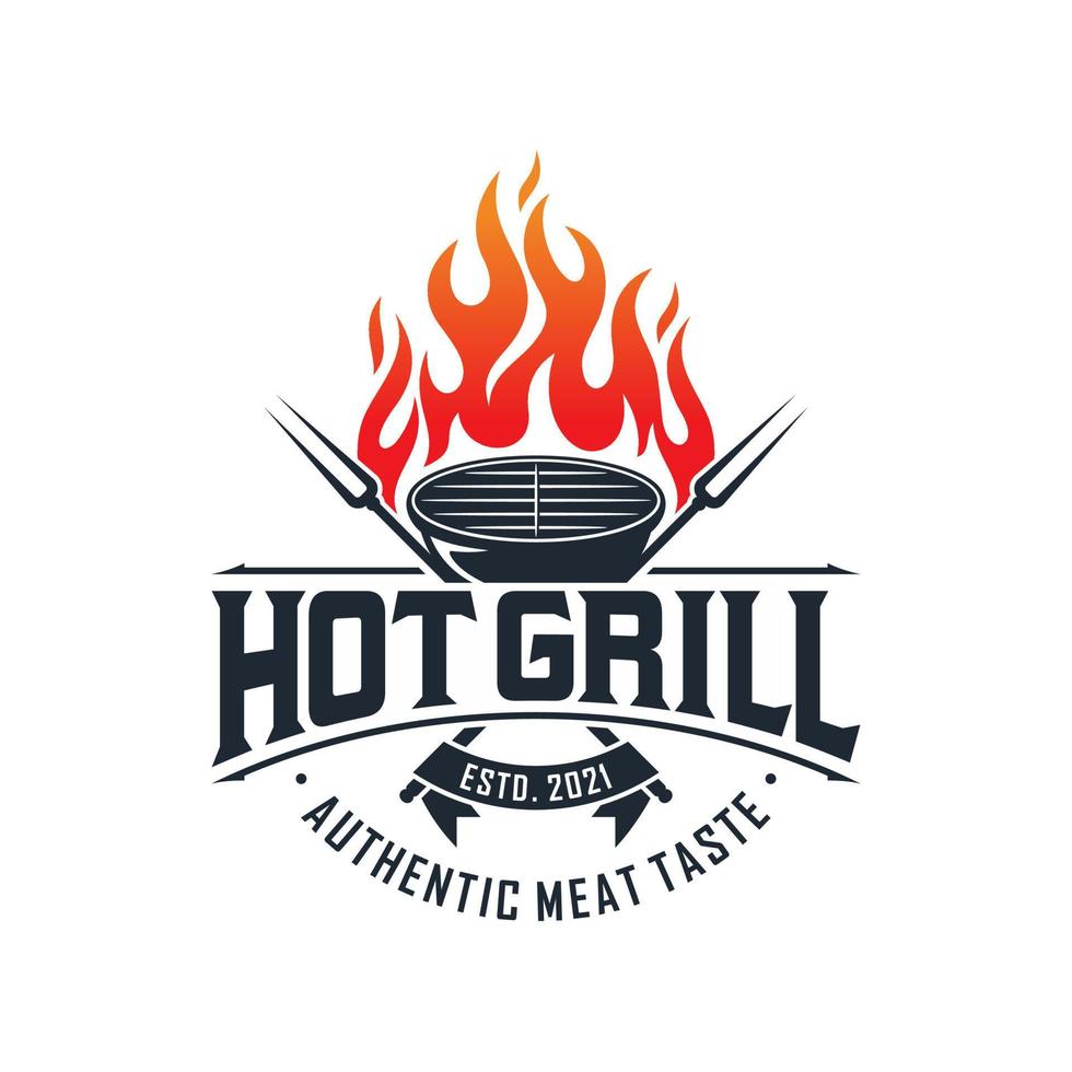 vintage grilled barbecue logo, retro BBQ vector, fire grill food and restaurant icon, Red fire icon vector