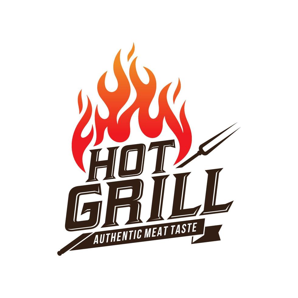 vintage grilled barbecue logo, retro BBQ vector, fire grill food and restaurant icon, Red fire icon vector