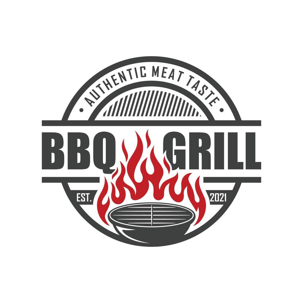 logotipo de barbacoa a la parrilla vintage, vector de barbacoa retro, icono de restaurante y comida a la parrilla, icono de fuego rojo