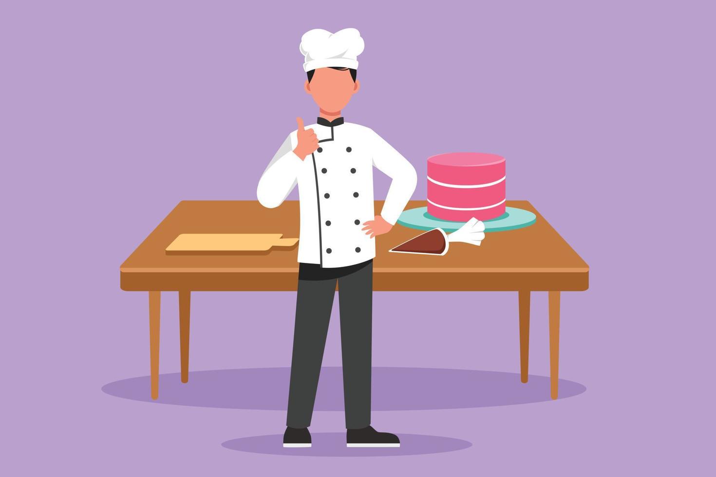 Cartoon flat style drawing chef stands with a thumbs up gesture and cooking uniform prepares the ingredients to cook the best dishes. Male chef with table and cake. Graphic design vector illustration
