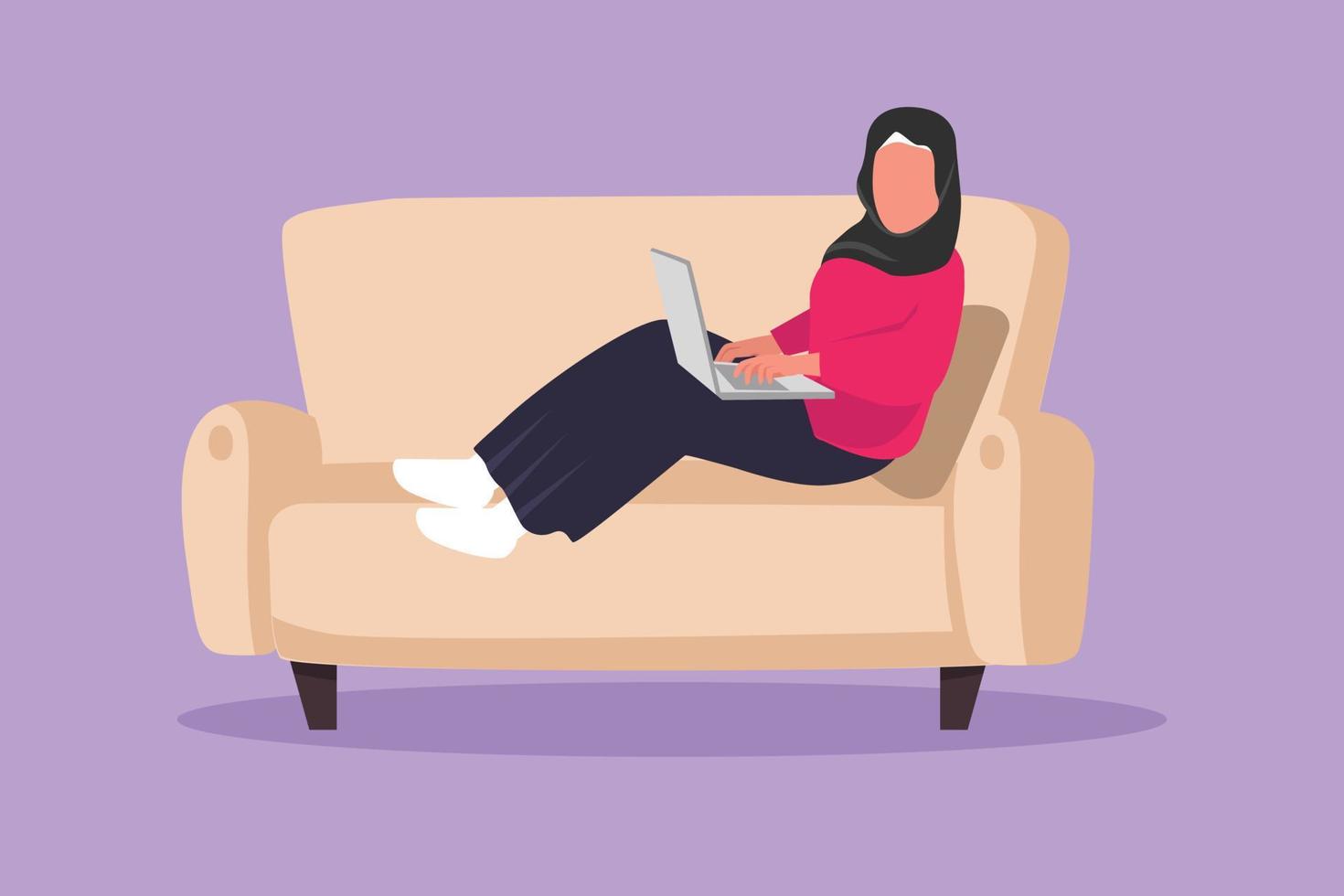 Character flat drawing beauty Arab woman sitting on couch and typing on laptop keyboard. Work from home with female using computer on sofa. Girl sitting comfortably. Cartoon design vector illustration