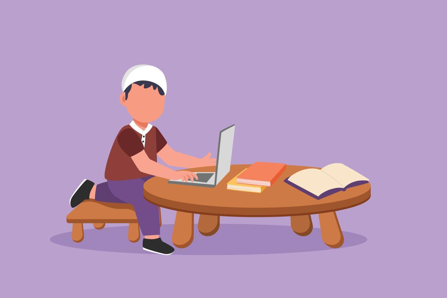 Graphic flat design drawing Arab child at computer and open book on table. Little boy learning online at desk with laptop. Kid at monitor studying code programming. Cartoon style vector illustration