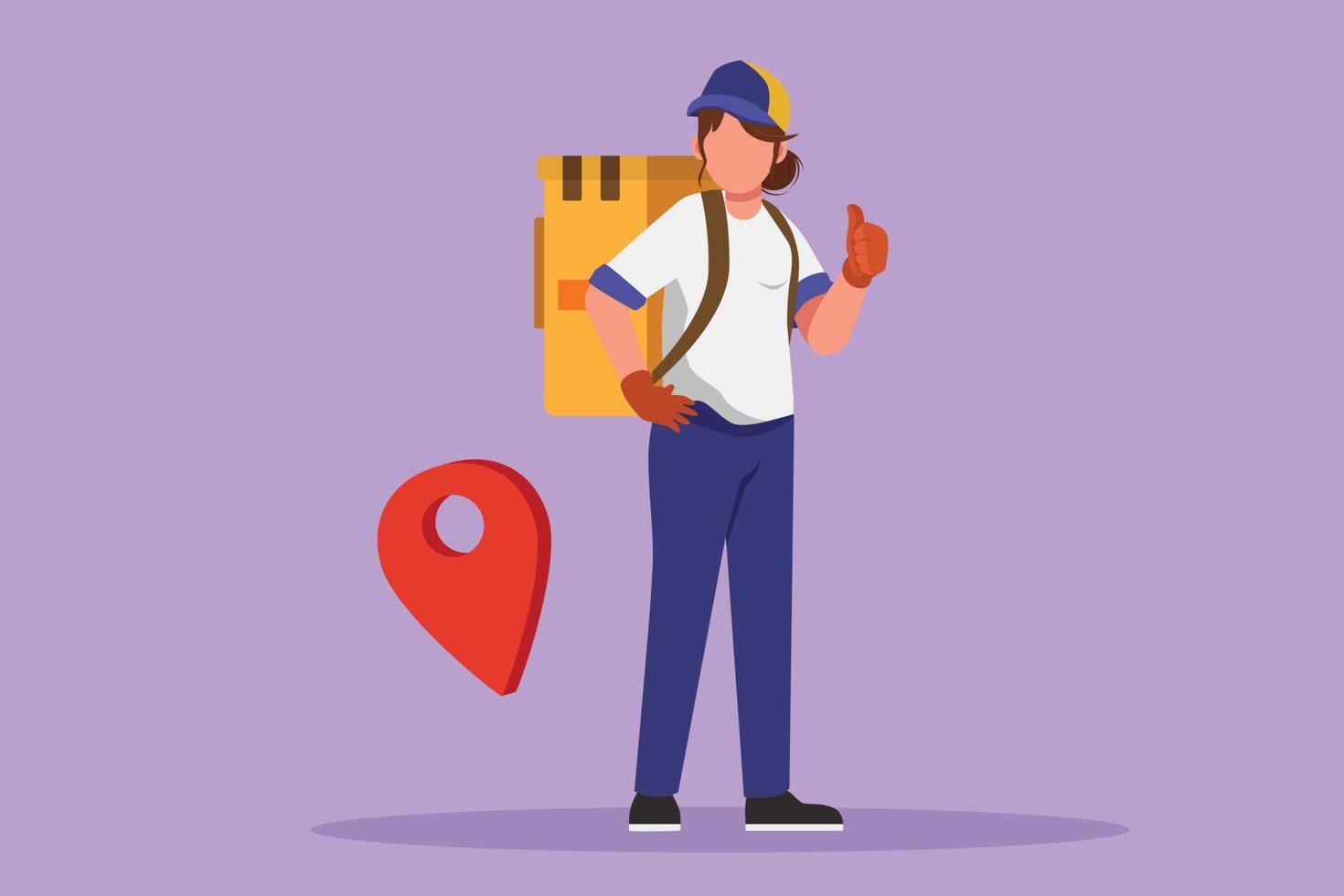 Character flat drawing delivery woman standing with thumbs up gesture and pin map symbol. Carrying package box that the customer has ordered to be delivered safely. Cartoon design vector illustration