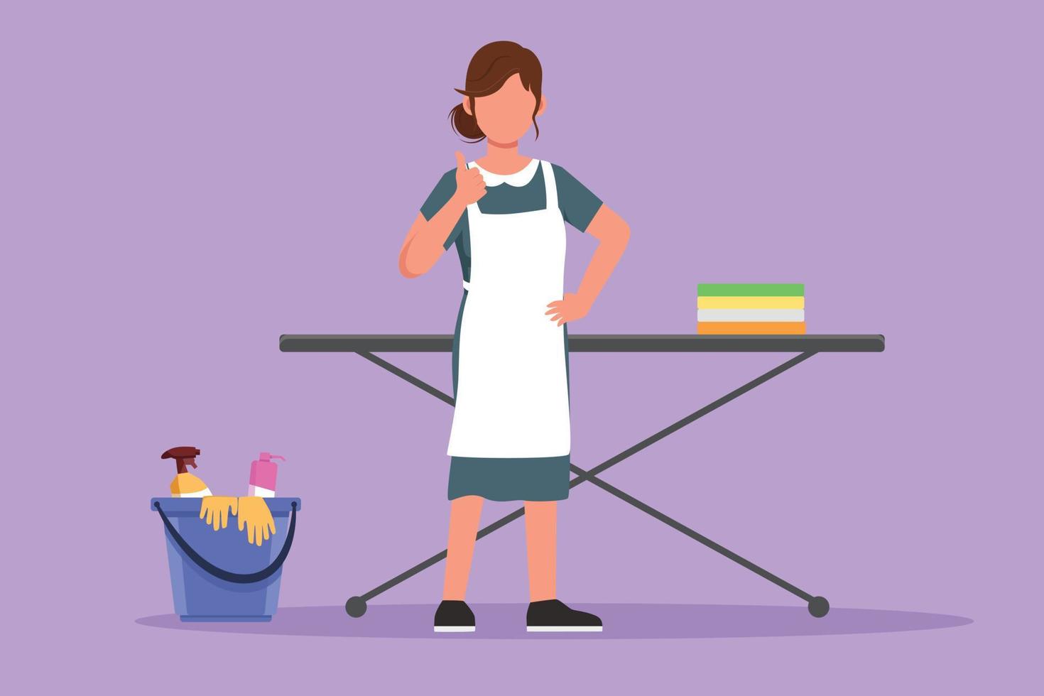 Cartoon flat style drawing maid in hotel standing in front of ironing board and clean equipment with thumbs up gesture. Female worker working with great hospitality. Graphic design vector illustration