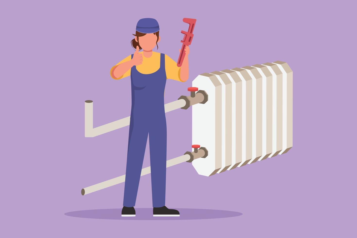 Cartoon flat style drawing female plumber standing holding wrench with thumb up gesture was ready to work on repairing leaking drain in houses drains professionally. Graphic design vector illustration