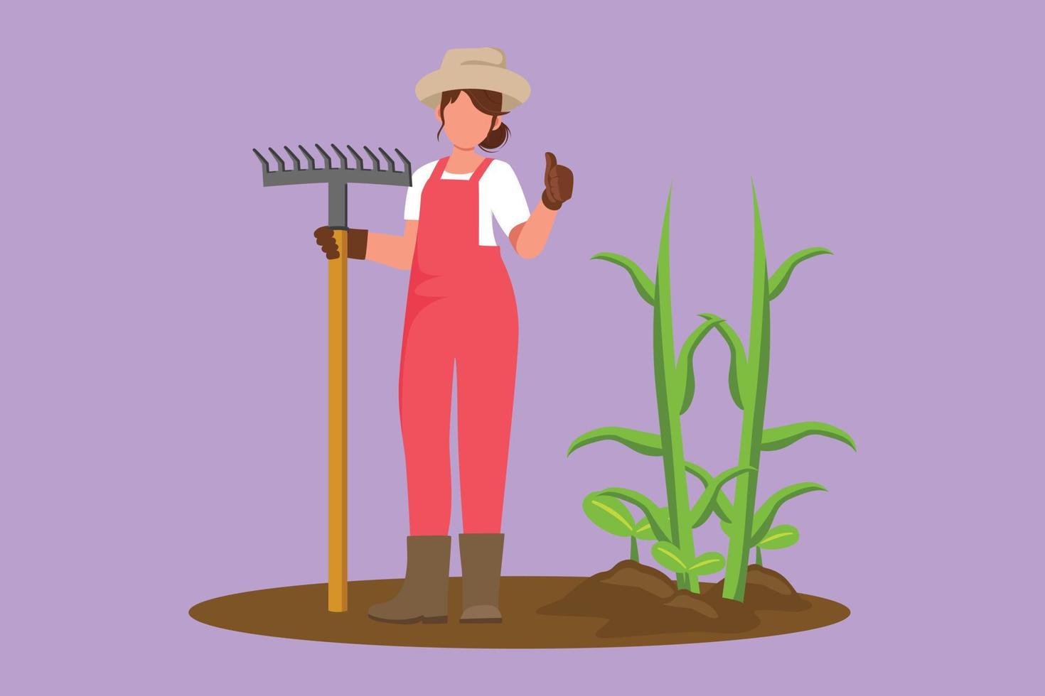 Graphic flat design drawing female farmer standing with thumbs up gesture, wearing straw hat and carrying rake to plant crops on farmland. Rural worker agricultural. Cartoon style vector illustration