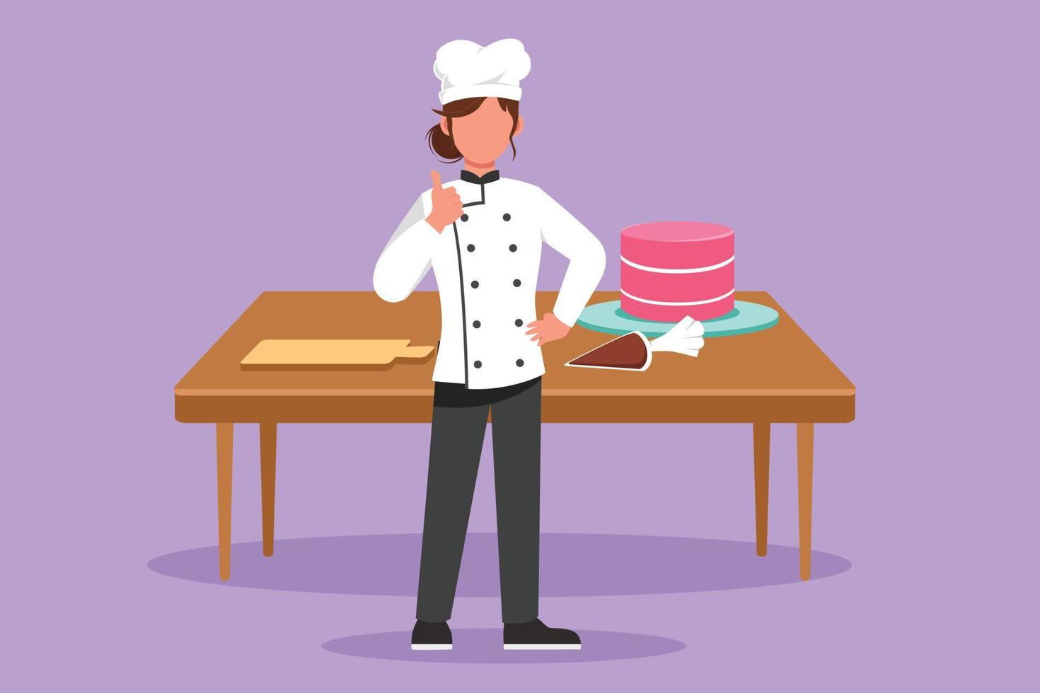 Graphic flat design drawing chef standing with thumbs up gesture and cooking uniform prepares ingredients to cook best dishes. Beauty female chef with table and cake. Cartoon style vector illustration