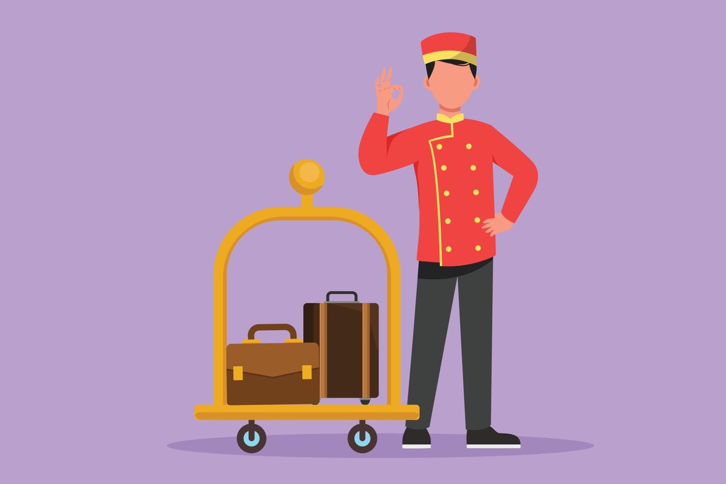 Graphic flat design drawing doorman standing with one hand on his waist and the other with okay gesture. Male porter working with great hospitality in luxury hotel. Cartoon style vector illustration