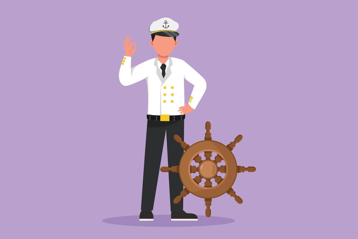 Cartoon flat style drawing sailor man standing with okay gesture to be part of cruise ship, carrying passengers traveling across seas. Male sailor on duty in ocean. Graphic design vector illustration