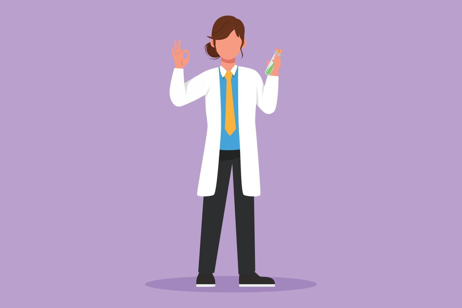 Cartoon flat style drawing cute female scientist standing with okay gesture and holding measuring tube filled with chemical liquid. Researching vaccine for pandemic. Graphic design vector illustration