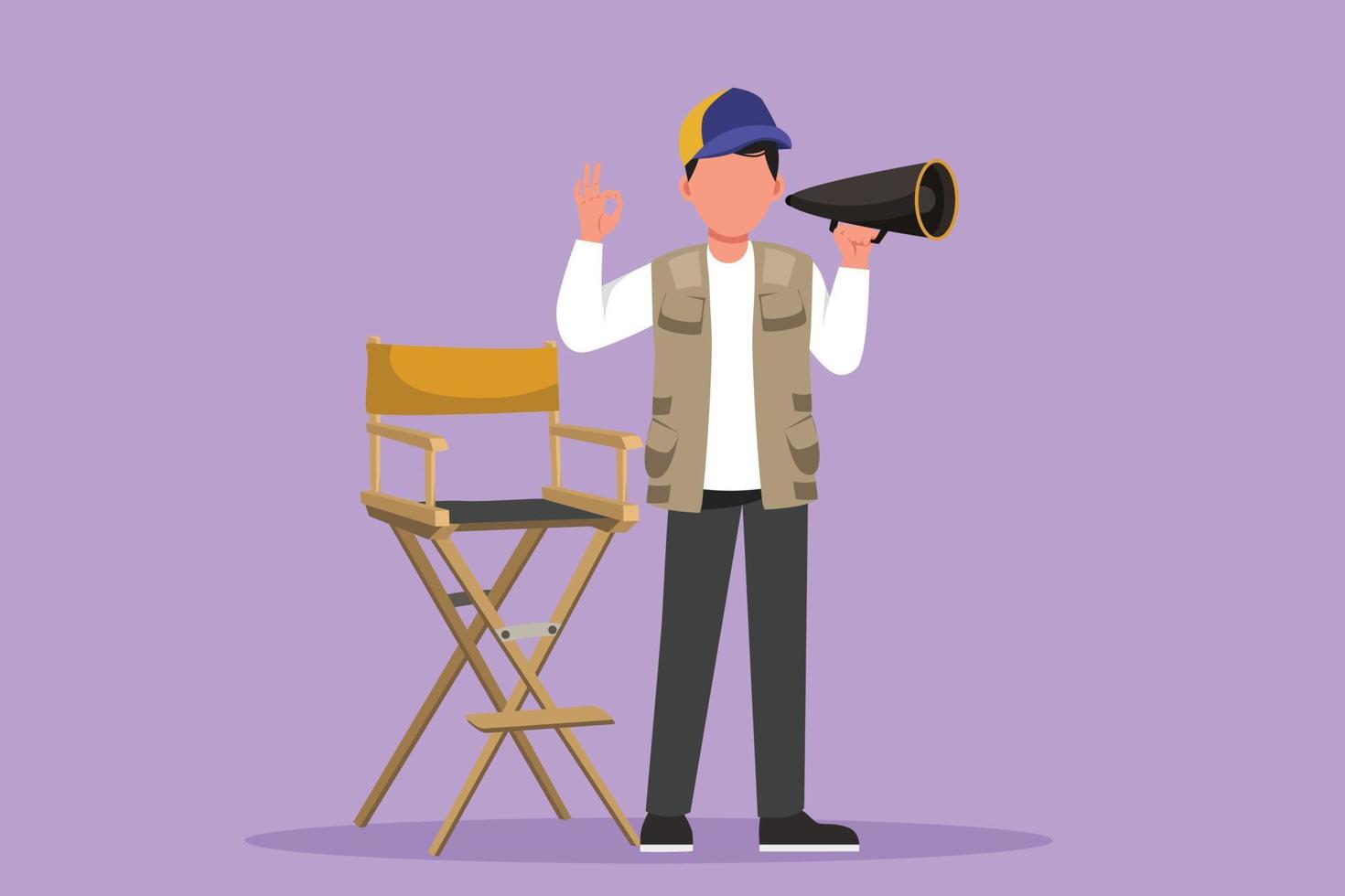 Character flat drawing male film director standing and holding megaphone with okay gesture while prepare camera crew for shooting comedy series. Creative industry. Cartoon design vector illustration