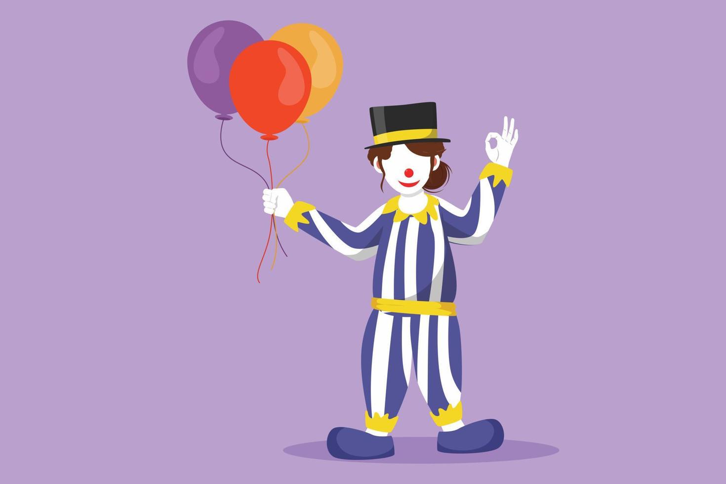 personaje plano dibujo divertido payaso femenino de pie sosteniendo globos con gesto bien usando sombrero y disfraz de payaso listo para entretener a la audiencia en el espectáculo de circo. ilustración vectorial de diseño de dibujos animados vector