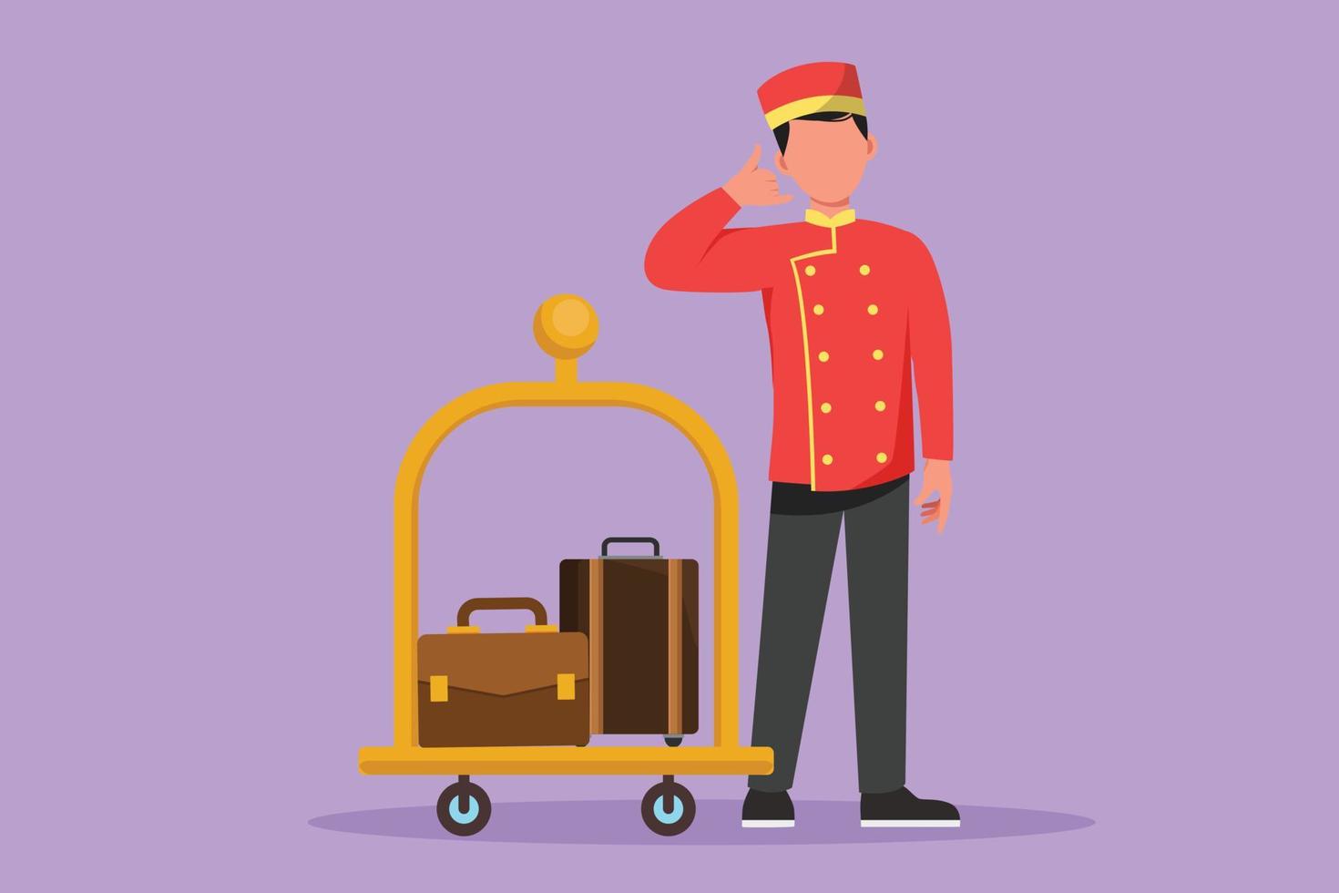Cartoon flat style drawing doorman standing with call me gesture and full of trolley bag with suitcase. Male porter working with great hospitality in luxury hotel. Graphic design vector illustration