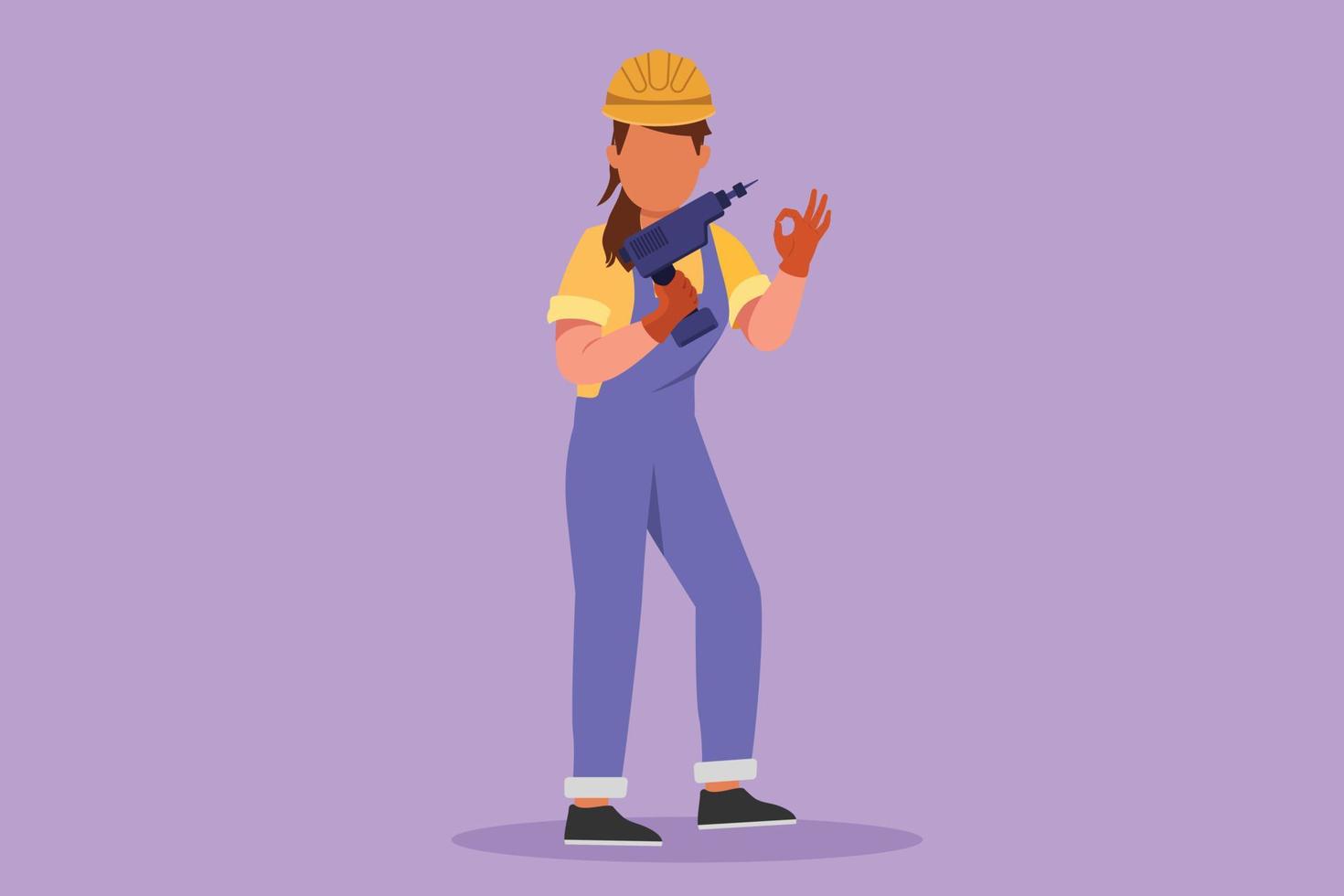 Graphic flat design drawing carpenter standing with drill and okay gesture, working for wood industry and must be skilled at using carpentry tools. House renovation. Cartoon style vector illustration