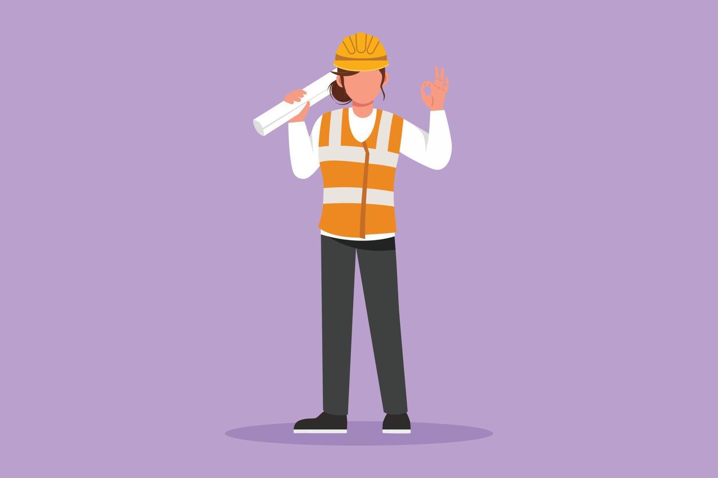 Graphic flat design drawing beauty female architect standing holding roll paper work with okay gesture and wearing helmet carrying blueprint for building work plan. Cartoon style vector illustration