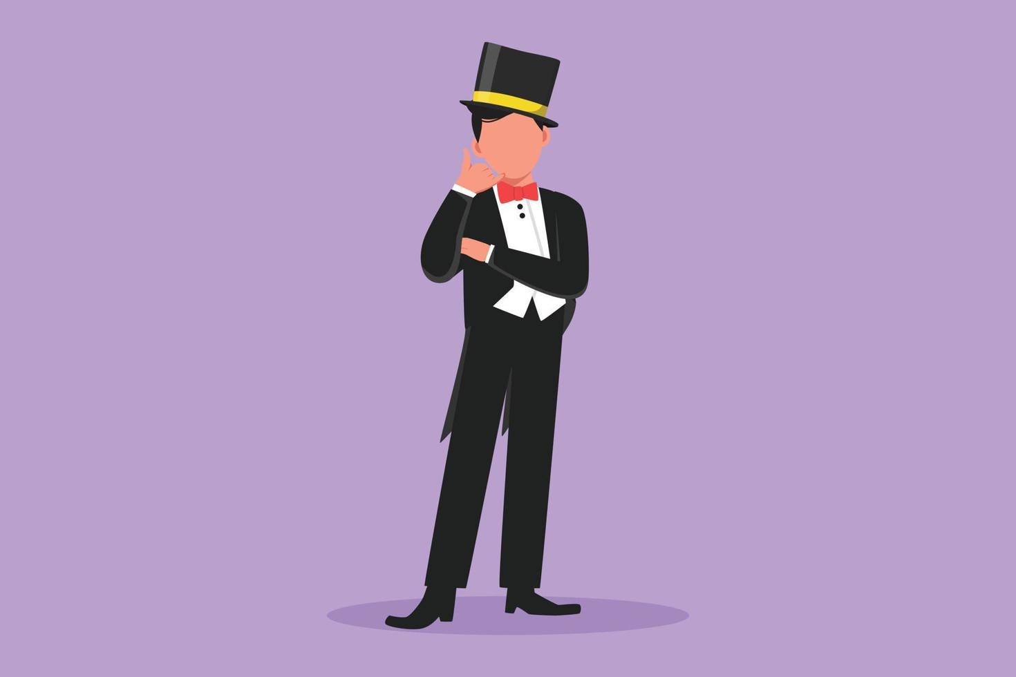 Cartoon flat style drawing funny male magician standing in suit with call me gesture and holding hat magic and wand performing tricks at circus show entertainment. Graphic design vector illustration