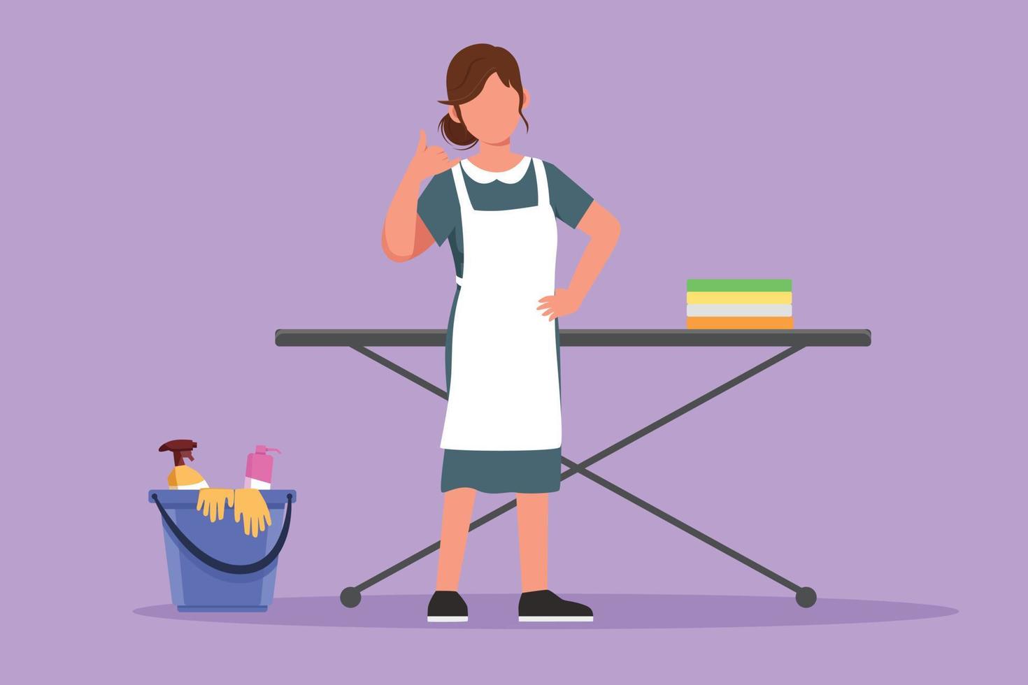 Cartoon flat style drawing maid in hotel standing in front of ironing board and clean equipment with call me gesture. Female worker working with great hospitality. Graphic design vector illustration