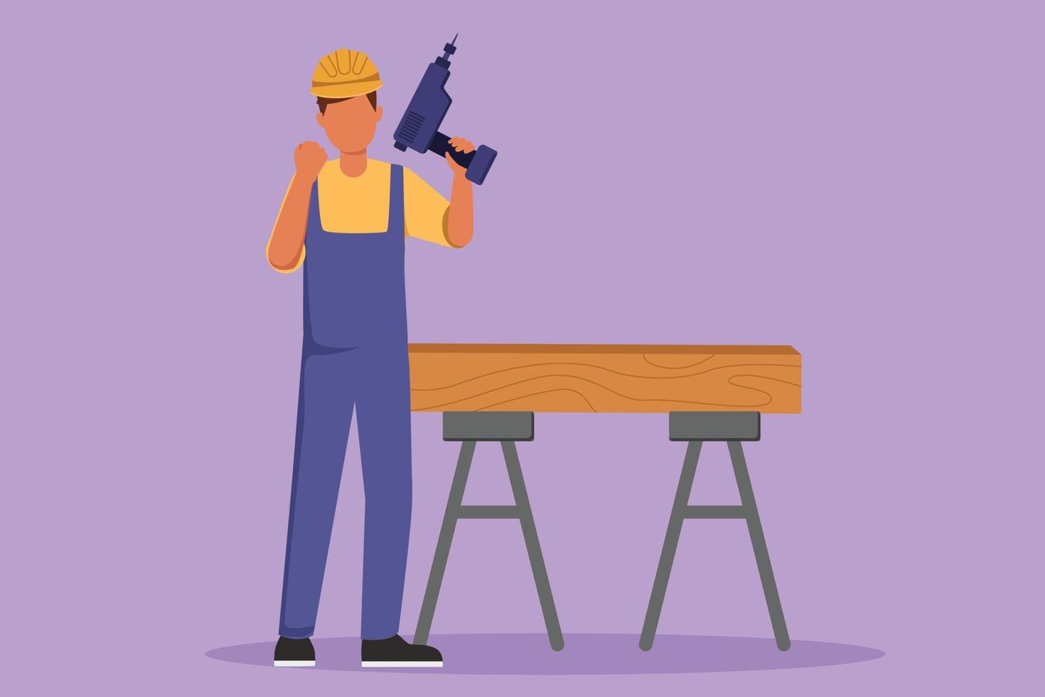 Cartoon flat style drawing carpenter standing with drill and celebrate gesture, working for wood industry, must be skilled at using carpentry tool. House renovation. Graphic design vector illustration