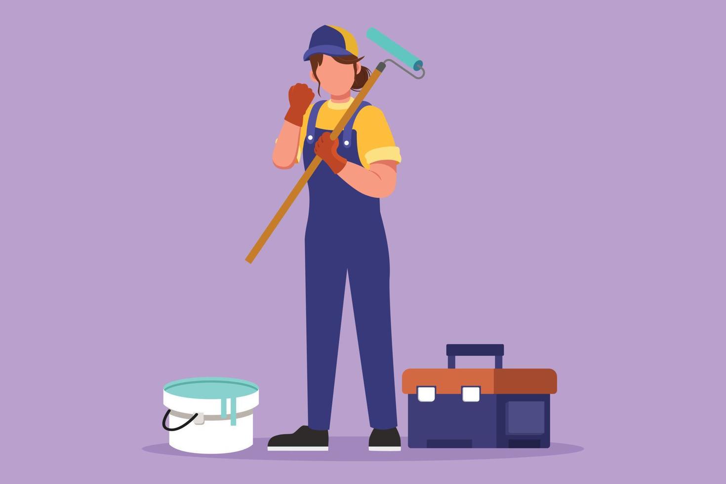 Graphic flat design drawing handywoman stands and holding long roll paintbrush with celebrate gesture and toolbox. Ready to home service, house renovation decoration. Cartoon style vector illustration