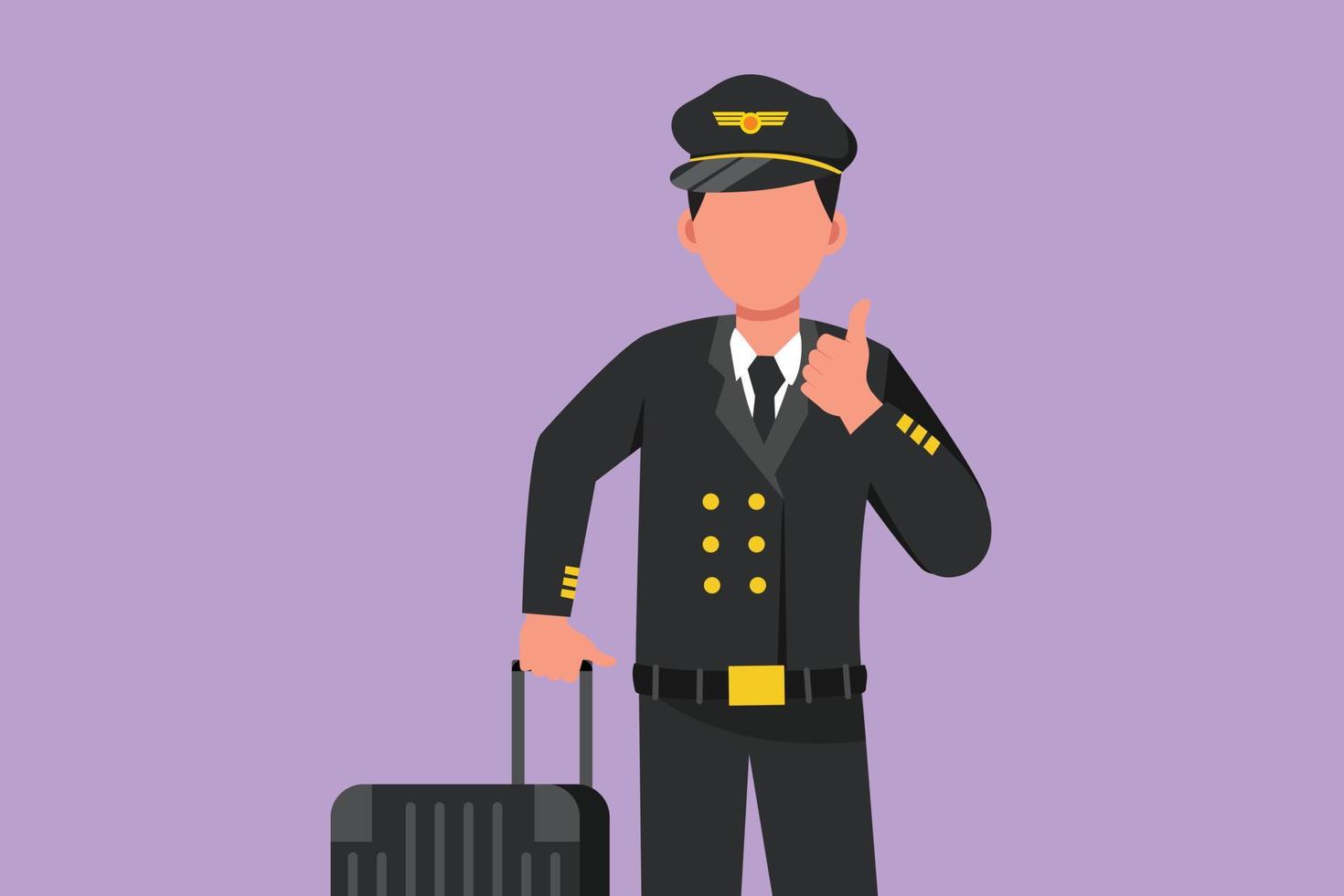 Character flat drawing male pilot with thumbs up gesture and full uniform is ready to fly with cabin crew with aircraft at airport. Airline travel or plane industry. Cartoon design vector illustration