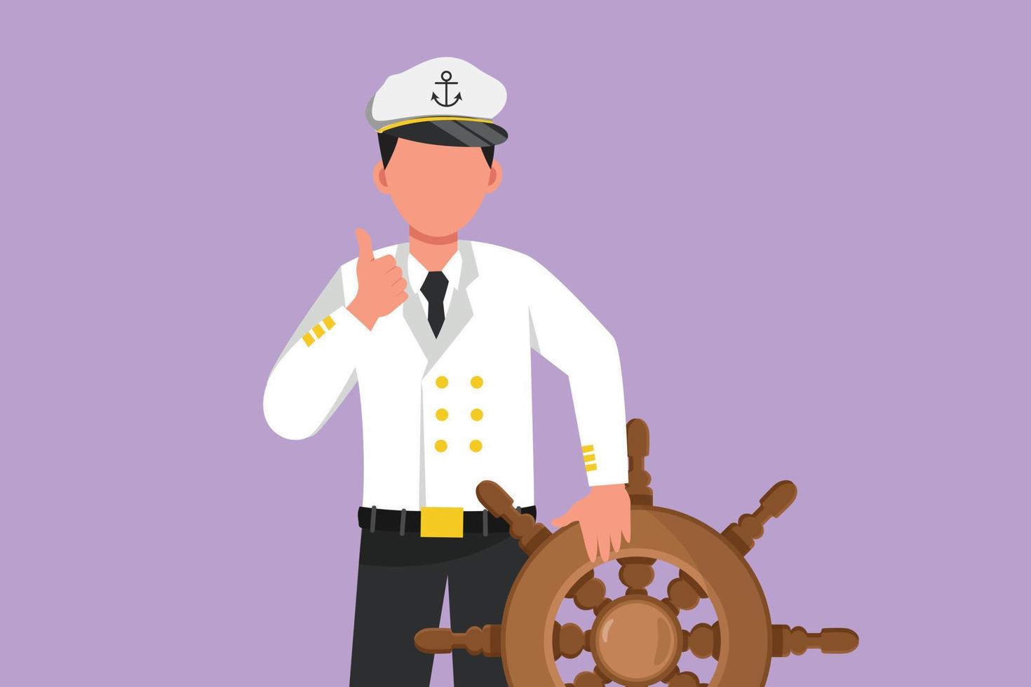 Cartoon flat style drawing bravery sailor man with thumbs up gesture ready to sail across seas in ship that is headed by captain. Male sailor traveling across ocean. Graphic design vector illustration