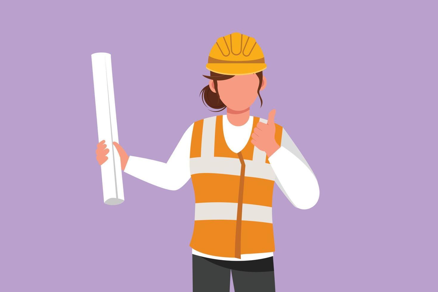 Character flat drawing female architect wearing vest and helmet with thumbs up gesture, carrying blueprint paper for the building work plan. Builder on work at site. Cartoon design vector illustration