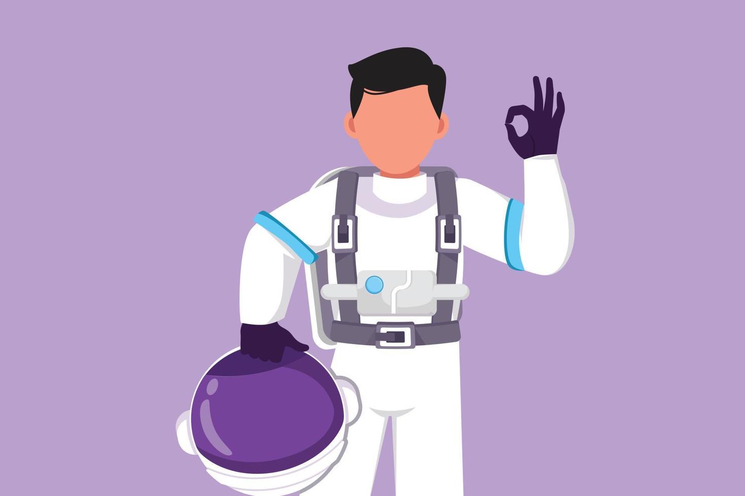 dibujo plano de personajes astronauta masculino activo sosteniendo casco con un gesto correcto usando traje espacial y listo para explorar el espacio exterior en busca de misterios del universo. ilustración vectorial de diseño de dibujos animados vector